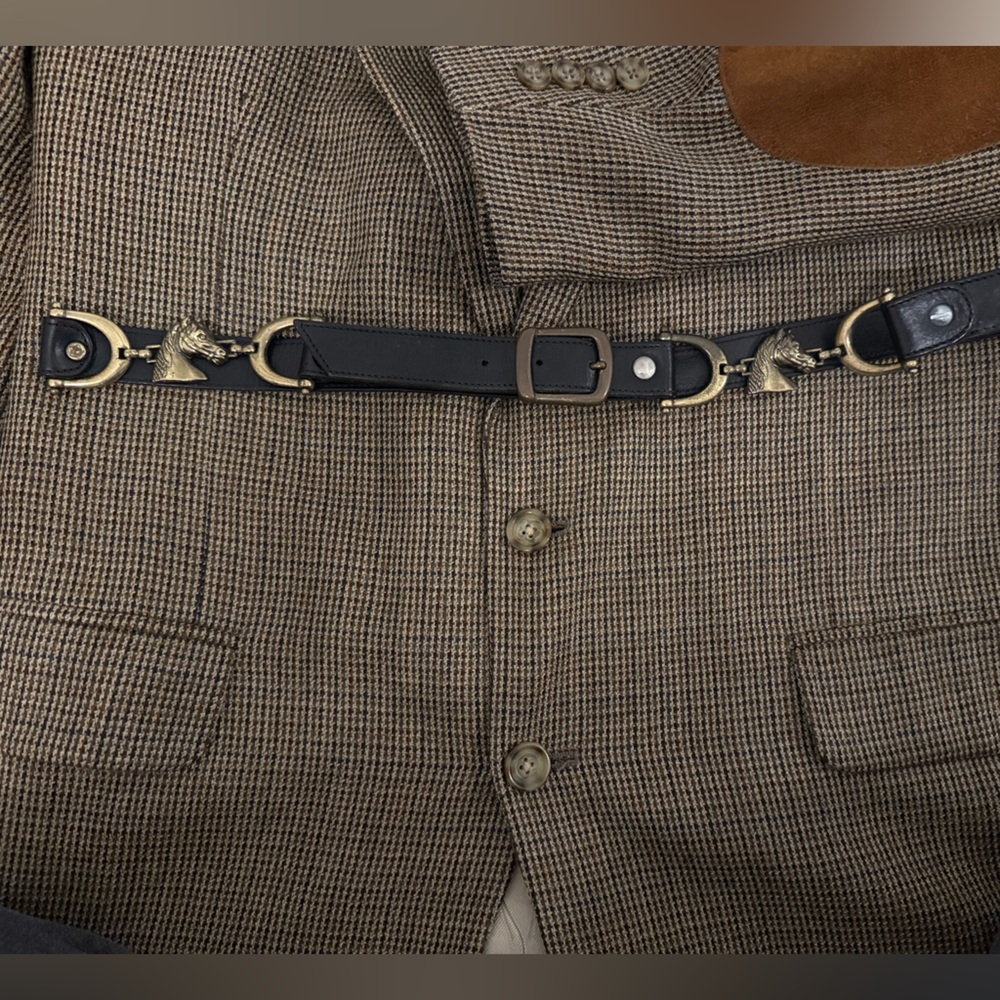 Black Leather Horsebit Accent Belt with Gold Hardware